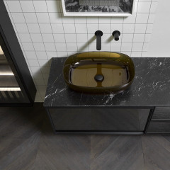 ANTONIO LUPI BEMADE Пенал 450х216х1750 мм, подв, левый, 1 дверца, 5 полок с подсв, бок слева Rovere ardesia, рама Nero matt, фронт стекло Reflect fume