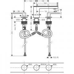 Axor MyEdition Смеситель для раковины 70, на 3 отв., излив 200мм, с донным клапаном, цвет: хром/черное стекло