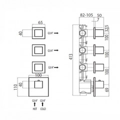 Bossini Oki Термостат для душа, встраиваемый (внешняя часть), с девиаторм/запорным вентилем на 3 - 6 выходов, уст-ка верт/гор., цвет: хром