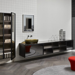 ANTONIO LUPI BEMADE Пенал 450х216х1750 мм, подв, левый, 1 дверца, 5 полок с подсв, бок слева Rovere ardesia, рама Nero matt, фронт стекло Reflect fume