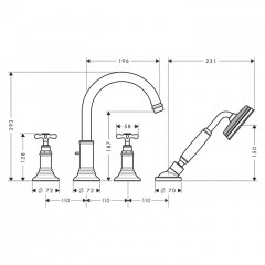 Axor Montreux Смеситель на край ванны, на 4 отв., с ручным душем, цвет: полированное золото