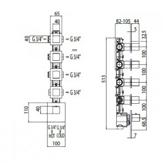 Bossini Rectangular Термостат для душа, встраиваемый (внешняя часть), с девиаторм/3 запорных вентиля на 5 выходов, уст-ка верт/гор., цвет: хром