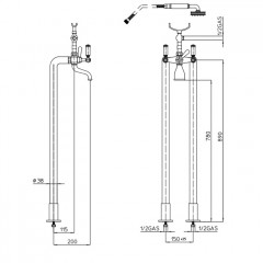 Bossini Liberty Смеситель для ванны, напольный, высота 890 мм, душ лейка Liberty шланг латунь, 150 см ½FF, цвет: античная бронза