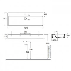 AZZURRA ELEGANCE Squared Раковина подвесная/накладная 122х45см c 1 отв. под смеситель , цвет белый