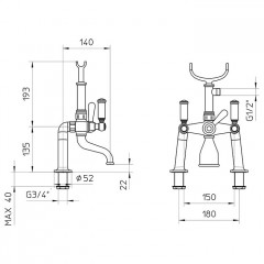 Bossini Liberty Смеситель на борт ванной на 2 отв. с переключателем, лейка Liberty, шланг из латуни 150 см, цвет: золото