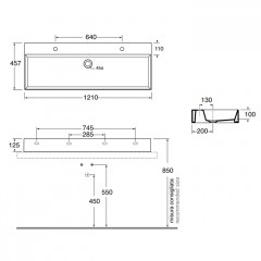 AZZURRA ELEGANCE Squared Раковина подвесная/накладная 122х45см c 2отв. под 2 смесителя , цвет белый