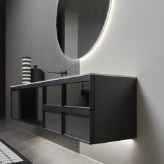 ANTONIO LUPI BEMADE Тумба 450х470х250 мм, подвесная, 1 ящик, внутр подсв, боковина справа Rovere Ardesia, рама черн матов, фронт стекло Argentato fumE