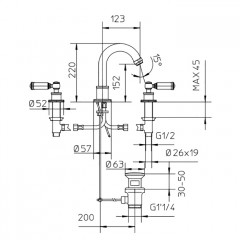 Bossini Liberty Смеситель для раковины на 3 отверстия с поворотным изливом и заглушкой 1/4, цвет: античная бронза