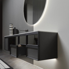 ANTONIO LUPI BEMADE Тумба 450х470х250 мм, подвесная, 1 ящик, внутр подсв, боковина справа Rovere Ardesia, рама черн матов, фронт стекло Argentato fumE