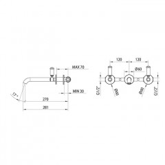 Bossini Liberty Смеситель для раковины на 3 отверстия встраиваемый без заглушки, цвет: золото