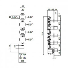 Bossini Oki Термостат для душа, встраиваемый (внешняя часть), с девиаторм/3 запорных вентиля на 5 выходов, уст-ка верт/гор., цвет: хром