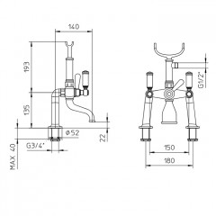 Bossini Liberty Смеситель на борт ванной на 2 отв. с переключателем, лейка Liberty, шланг из латуни 150 см, цвет: античная бронза