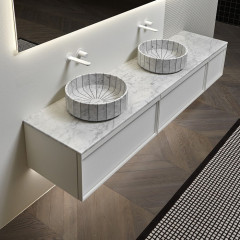 ANTONIO LUPI BEMADE Тумба под раковину 900х540х375 мм, 1 ящик, внутр подсв, бок слева Белый goffratto, рама белый мат, фронт стекло травл Bianco opaco