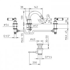 Bossini Liberty Смеситель для биде на 3 отверстия с поворотным изливом и заглушкой 1/4, цвет: античная бронза