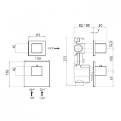 Bossini Cube Термостат для душа, встраиваемый (внешняя часть), с девиаторм/запорным вентилем на 1 или 2 выхода, уст-ка верт/гор., цвет: хром