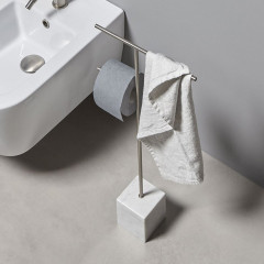 ANTONIO LUPI BIVIO Стойка напольная с полотенцедержателем и держателем туалетной бумаги, база из мрамора Carrara satinato, структура Satin steel