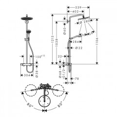Hansgrohe Croma Select S Душевая система: смеситель термостатический, верхний душ 18см, ручной душ и шланг 150см, цвет: черный матовый