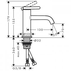 Axor One Смеситель для раковины, 1 отв., излив h70мм, с незап.сливом, цвет: хром