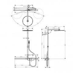 Axor Citterio Душевая стойка с термостатом, верхним душем 350мм, 1jet, шлангом, ручным душем и полочкой, цвет: полированное золото