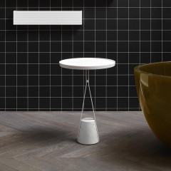 ANTONIO LUPI HALO Столик напольный Ø400х480 мм., база из мрамора Carrara satinato, столешница белая из Flumood, структура Veneziano goffrato