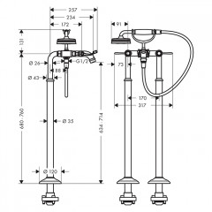 Axor Montreux Смеситель для ванны, напольный, с ручным душем, ручка: рычаг, цвет: шлифованная медь