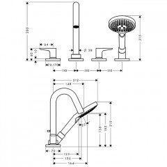 Axor Citterio M Смеситель на борт ванны, на 4 отв., с ручным душем, цвет: шлифованная медь