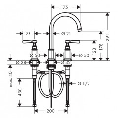 Axor Montreux Смеситель для раковины 180, на 3 отв., ручка: рычаг, с донным клапаном, цвет: шлифованная медь
