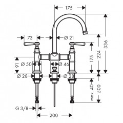Axor Montreux Смеситель для раковины 220, на 3 отв., ручка: рычаг, с донным клапаном, цвет: шлифованная медь
