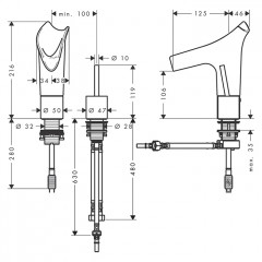 Axor Starck V Смеситель для раковины 110, на 2 отв., со стеклянным изливом, цвет: шлифованный никель