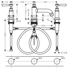Axor Montreux Смеситель для раковины 30, на 3 отв., с ручкой: рычаг, с донным клапаном, цвет: шлифованное золото