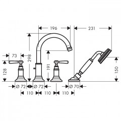 Axor Montreux Смеситель на борт ванны, на 4 отв., с ручным душем, ручка: рычаг, цвет: полированное золото