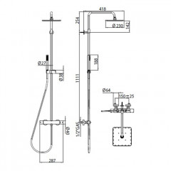 BOSSINI Душевая стойка с термостатическим смес., верхний душ COSMO 230х230 мм., ручной душ ,цвет черный матовый