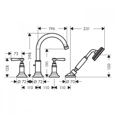 Axor Montreux Смеситель на борт ванны, на 4 отв., с ручным душем, ручка: рычаг, цвет: шлифованное золото