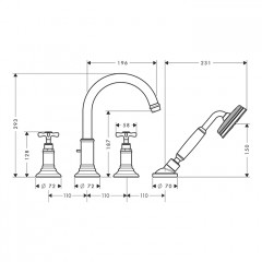 Axor Montreux Смеситель на борт ванны, на 4 отв., с ручным душем, цвет: шлифованная бронза
