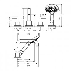 Axor Citterio Смеситель на борт ванны, на 4 отв., с ручкой: рычаг, с ручным душем, цвет: сталь