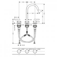 Axor One Смеситель для раковины 170, на 3 отв., с донным клапаном Push-Open, цвет: шлифованный никель
