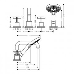 Axor Citterio Смеситель на борт ванны, на 4 отв., с ручным душем, цвет: шлифованный никель