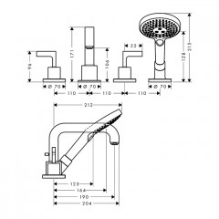 Axor Citterio Смеситель на борт ванны, на 4 отв., ручка: рычаг, с ручным душем, цвет: шлифованная бронза