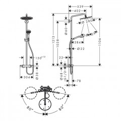 Hansgrohe Croma Select S Душевая стойка, с термостатическим смесителем, верхний душ 28см., и ручным душем, цвет: полированное золото