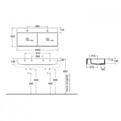 AZZURRA LEUCA Раковина двойная накладная 100х45х14 см, с 1 отв. под смеситель, цвет белый