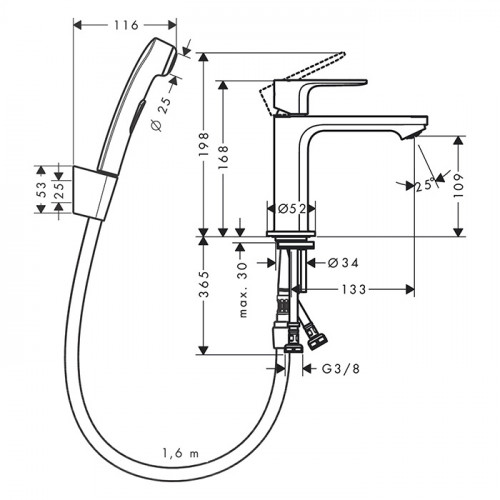 Hansgrohe Rebris S Смеситель для раковины 110, с гигиеническим душем, цвет: черный матовый