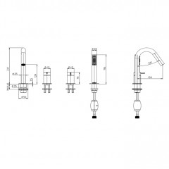 Bossini Nobu Комплект на борт ванны на 4 отверстия Nobu, с выдвижным ручным душем, шлангами и противовесом, цвет: Mat brushed S.S.