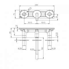 Bossini Nobu Смеситель настенный для раковины на 3 отверстия Nobu, без донного клапана.., Mat brushed S.S.(внешняя часть)
