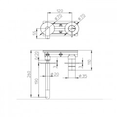 Bossini Nobu Смеситель настенный, на 2 отверстия, с изливом 190 мм, без донного клапана.., Mat brushed S.S.(внешняя часть)