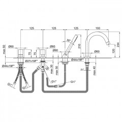 Fantini Nostromo Смеситель на борт ванны, 4 отв., с ручн душем, излив 195мм, цвет: хром