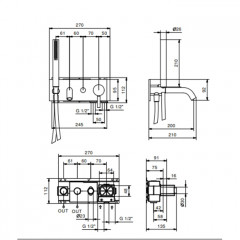 FANTINI NOSTROMO Смеситель для ванны, встраиваемый, однорычажный, с ручным душем и шлангом 1500 мм., внешняя часть, цвет Matt British Gold PVD