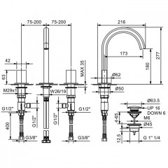 Fantini Venezia Смеситель для раковины, 3 отв., с нажимн. донным клапаном, излив 175мм, цвет: Matt Copper PVD