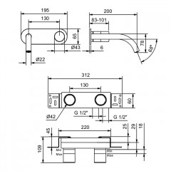 Fantini Nice Смеситель для раковины, встраиваемый, на 2 отв, без донного клапана, излив 200мм (наружняя часть), цвет: хром