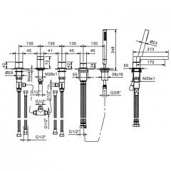Fantini Mint Смеситель на борт ванны, 5 отв., с ручн душем, излив 175мм, цвет: нержавеющая сталь