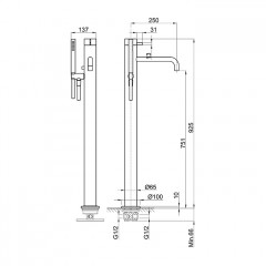 Fantini AF/21 Смеситель для ванны, напольный, с ручн душем, излив 250мм, (наружняя часть), цвет: Matt British Gold PVD